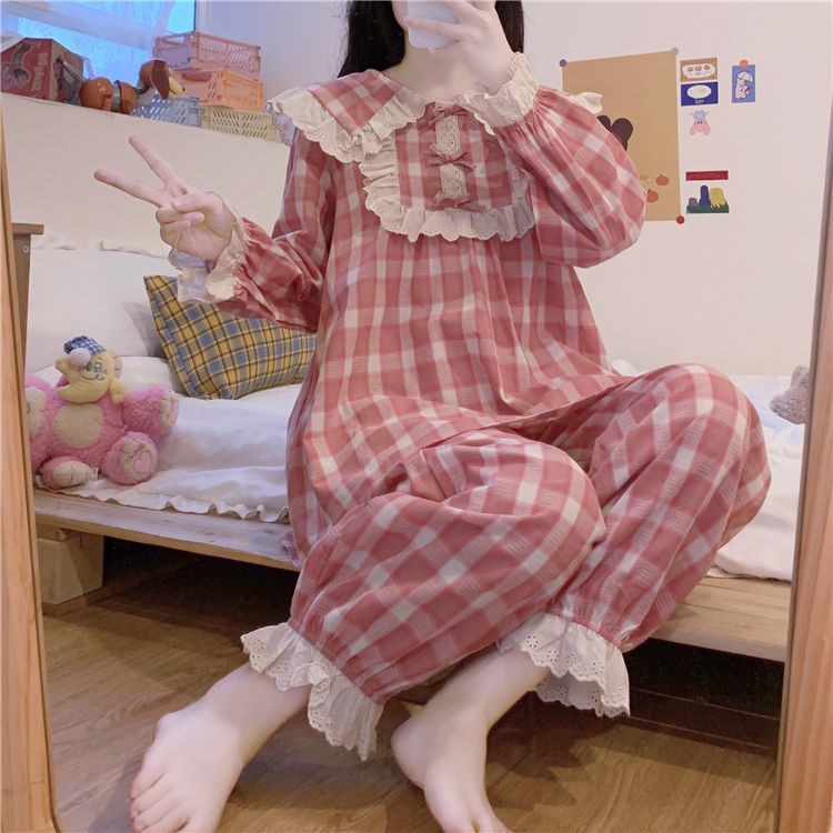 Fall 2020 new design touch of tip bow - bow - bow loose and outer wear long - sleeved nightgown suit