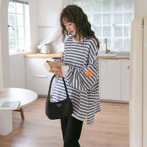 Pregnant womens sweater spring and autumn womens long model 2021 new autumn clothing Korean version of loose stripes belly tide coat