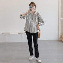 Pregnant women long sleeve shirt spring and autumn models 2021 autumn new autumn dress senior net Red fashion stripe professional top