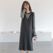 Pregnant women vest dress dress set Spring and Autumn Autumn Winter loose size belly knitted skirt tide mother two-piece set