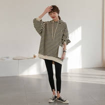 Senior sense does not show Belly Belly maternity wear autumn 2021 casual stripes loose tide long sweater top