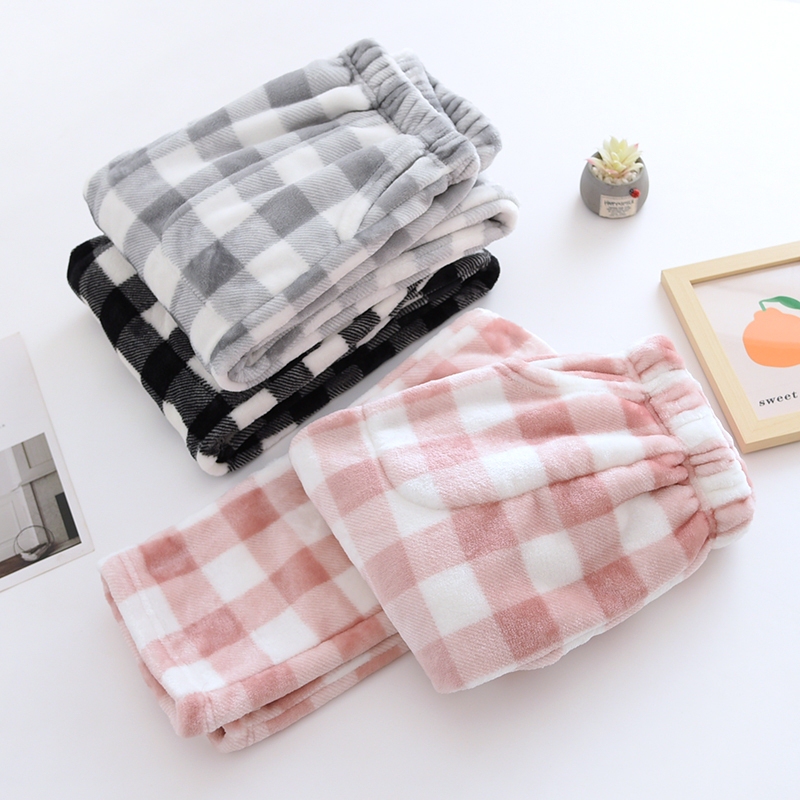 Couple's Coral Fleece Pajama Pants, Men's and Women's Long Pants, Autumn and Winter, Fleece-Lined, Thickened, Straight-Leg, Loose-Fitting Flannel Home Plaid Pants