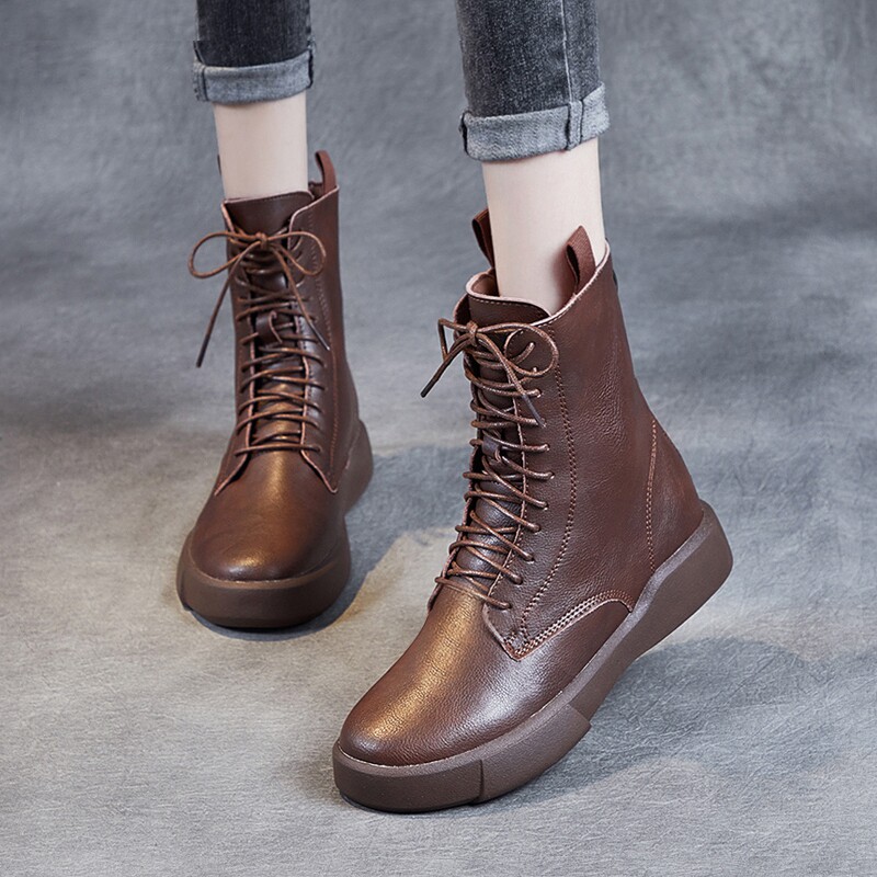 Trendy brand leather Martin boots women's British style 2022 new autumn and winter plus velvet all-match flat soft-soled retro boots