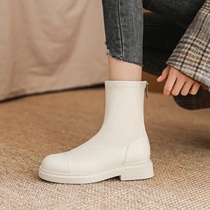 Tide brand leather white Martin boots womens British style 2022 new elastic thin boots all-match thick-soled soft leather boots