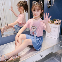Girls T-shirt suit Summer new Korean version childlike Cubs short sleeve denim shorts children pants two sets of damp