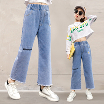 Girls wide leg pants spring and autumn small daisy jeans Yangqi Korean version of the new student autumn fashion childrens trousers