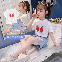 Girl Suit Summer Dress 2021 New 5 Year Old Pupils 6 Trendy 7 Short Sleeves 8 Denim 9 Shorts 10 Ocean Air Suit