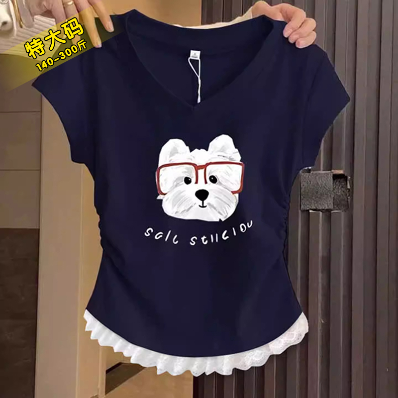 150kg Plus Size Women's V-Neck Short-Sleeved T-Shirt for Fat Women 100kg Loose Slimming Pleated Lace Splicing Top