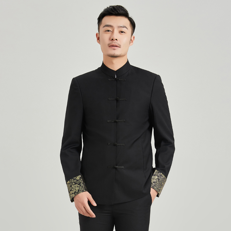 Stand-up collar Tanged men's single piece Sashimi youth China Wind Longgrain Chinese style disc buckle wedding wedding jacket Spring Festival