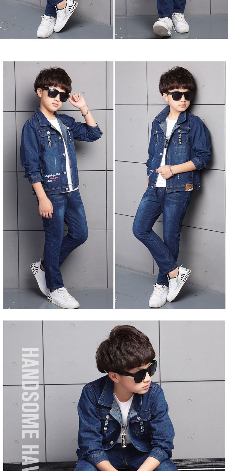 Quần áo bé trai denim phù hợp với áo hai dây 2019 trẻ em mùa xuân mới trong cậu bé lớn phiên bản Hàn Quốc của bộ đẹp trai - Phù hợp với trẻ em quần áo trẻ em mùa thu đông