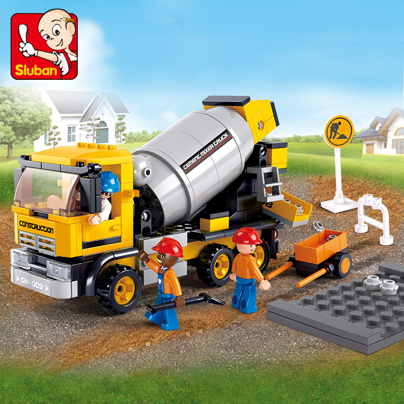 Happy Xiao Luban construction site engineering car cement mixer model boy assembled plug toys