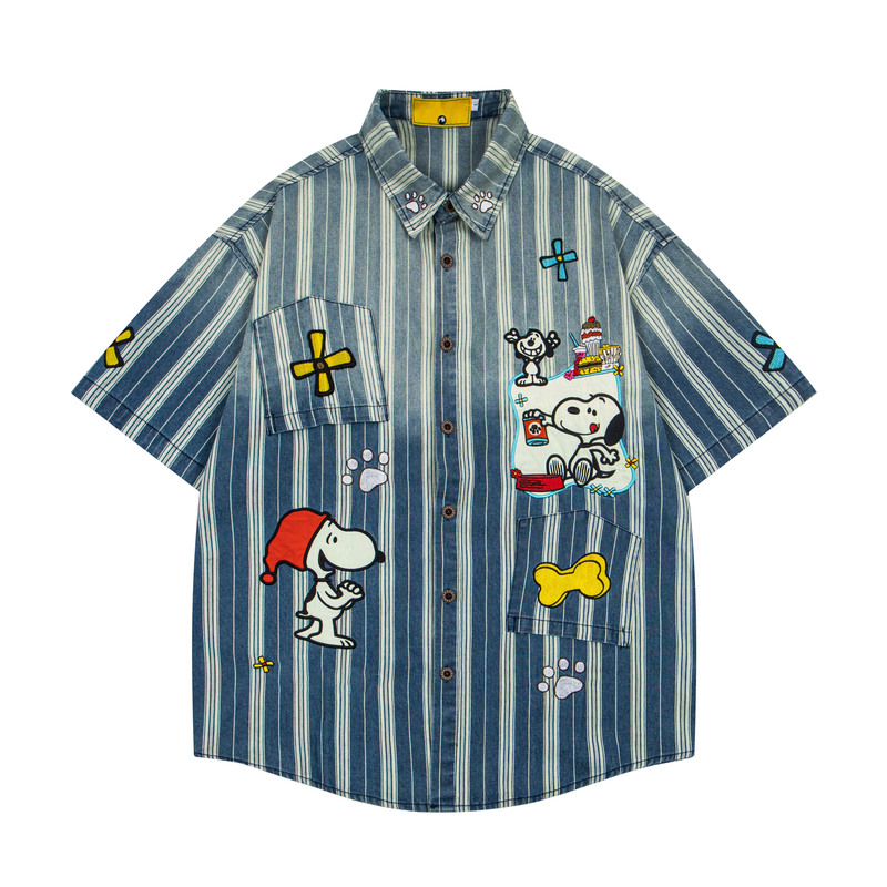 Plus Size 2026 Spring and Summer Snoopy Cartoon Couple Outfit Short-Sleeved Shirt Striped American Retro Men's and Women's Shirt