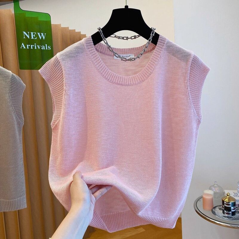 Plus Size 150kg Korean Style Fashionable Knitted Sleeveless T-Shirt Vest for Men and Women, New Summer Style, Loose Hollow-Out Flutter Sleeve Top