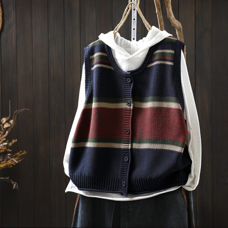 Plus Size 150kg American-Style Striped Knit Vest for Men, Spring and Summer Color-Blocking Loose Sleeveless Fashionable Vest Sweater for Women2