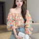 Floral ruffled bateau neck long sleeve bell sleeve top