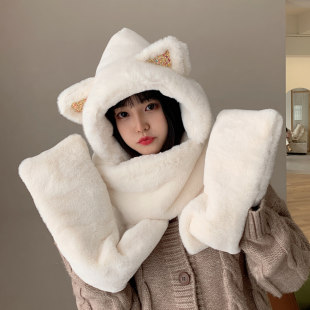 Bear hat for women in autumn and winter versatile plush warm hooded scarf gloves integrated cute Korean-style ear cotton hat