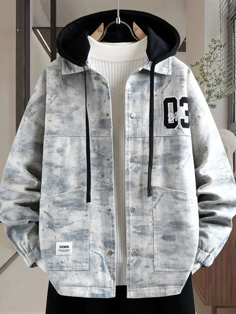 Teenagers' autumn and winter jackets, thickened denim jackets, boys' junior and high school students' trendy matching suits, handsome cotton clothes