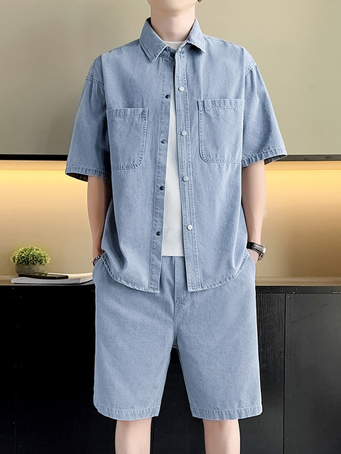 2025 new summer short-sleeved denim shirt boys' clothing suit with handsome solid color half-sleeved men's clothing