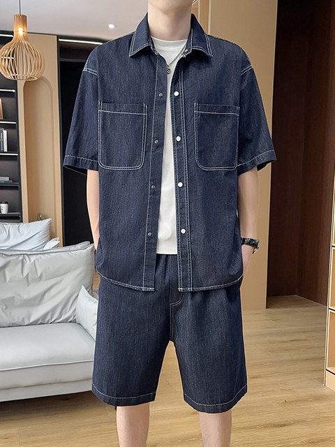 2025 new summer short-sleeved denim shirt boys' clothing suit with handsome solid color half-sleeved men's clothing