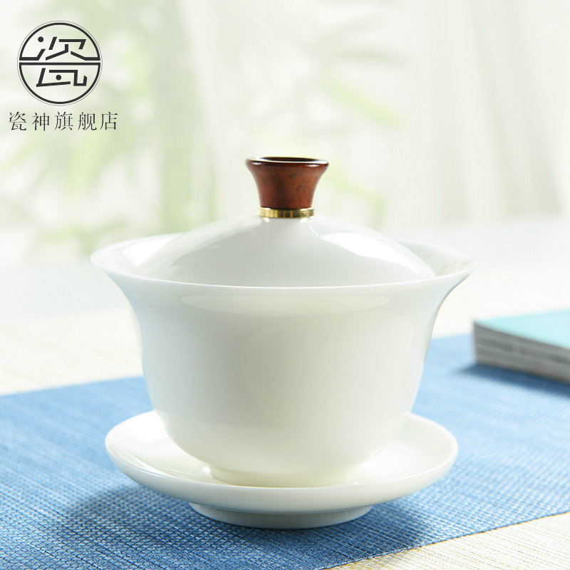 Porcelain high contracted dehua white tureen ceramic jade Porcelain worship god always kung fu tea tureen ivory white three cups