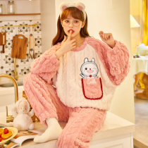 Pajamas women Spring and Autumn Winter coral velvet plus velvet padded long sleeve set cute sweet pajamas flannel home wear