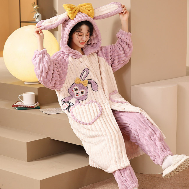 ຊຸດນອນຄໍລະເຈນສໍາລັບແມ່ຍິງດູໃບໄມ້ລົ່ນແລະລະດູຫນາວຍາວບວກກັບ velvet ຫນາ velvet pajamas flannel ເຄື່ອງນຸ່ງຫົ່ມເຮືອນສອງສິ້ນ bathrobe ລະດູຫນາວແບບ