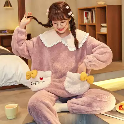 Pajamas female autumn and winter flannel plus velvet padded Korean hooded home clothes Lady coral velvet cartoon large size spring and autumn