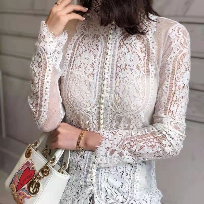 Stand Collar Sexy Top for Women 2023 New Spring Slimming Lace Inner Layer Pearl Thin Cardigan High Collar Base Shirt