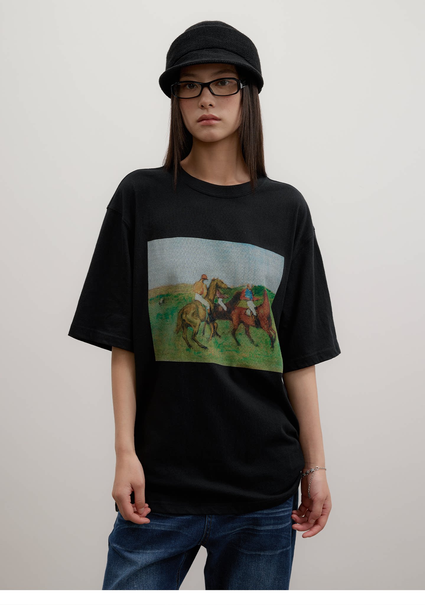 FUNKYFUN Vintage Equestrian Crayon Print Oversized Tee