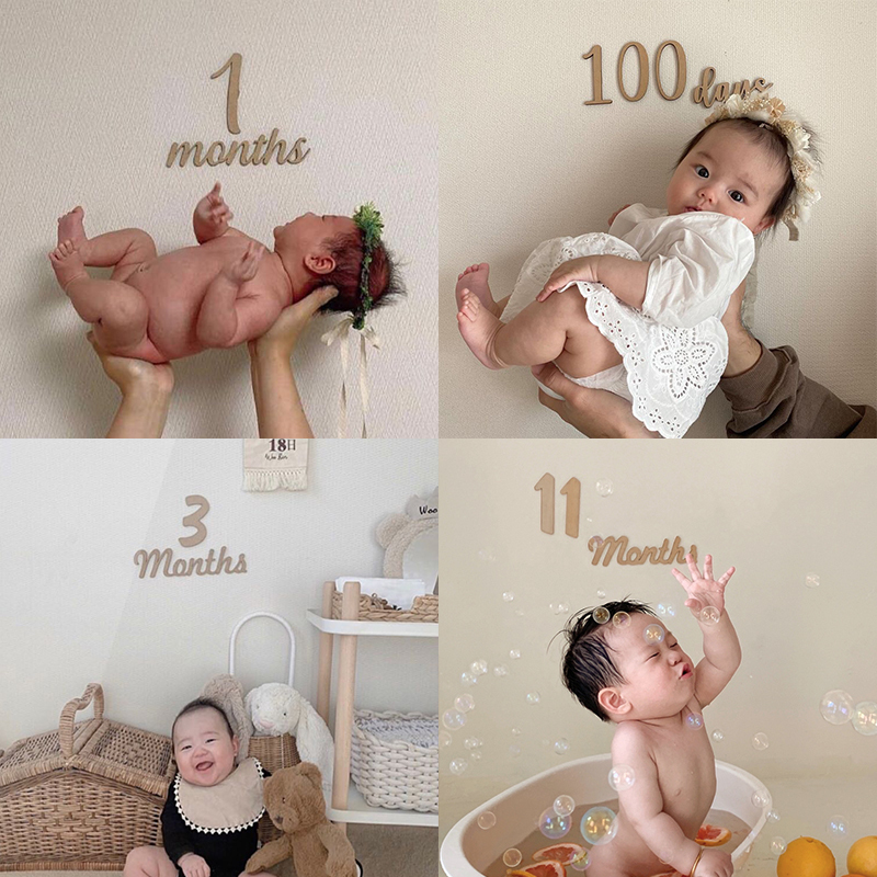 ins Forest-Themed Baby Growth Record Wooden Number Stickers Month Birthday Newborn Photo Props 12 Months