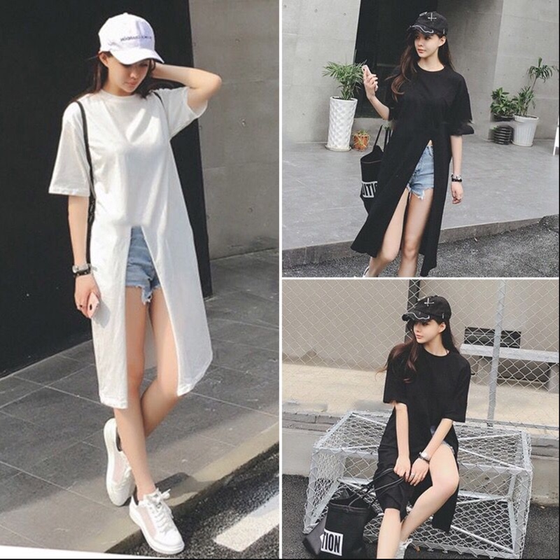 Summer Korean Style Sun-Protective Loose Round-Neck Short-Sleeve Front Slit Long Skirt Bodycon Versatile Top for Female Students