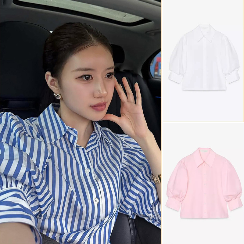 Qinchuan 25 Summer Casual Buttoned Puff Short Sleeve Turn-Down Collar Poplin Shirt 2731082 3745593