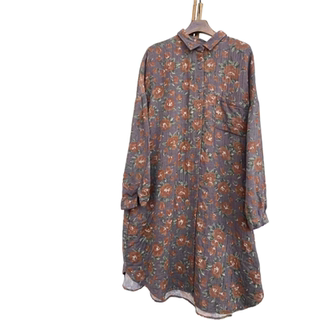 复古文艺碎花双层棉纱衬衫裙秋季新款宽松百搭单排扣翻领中长裙子