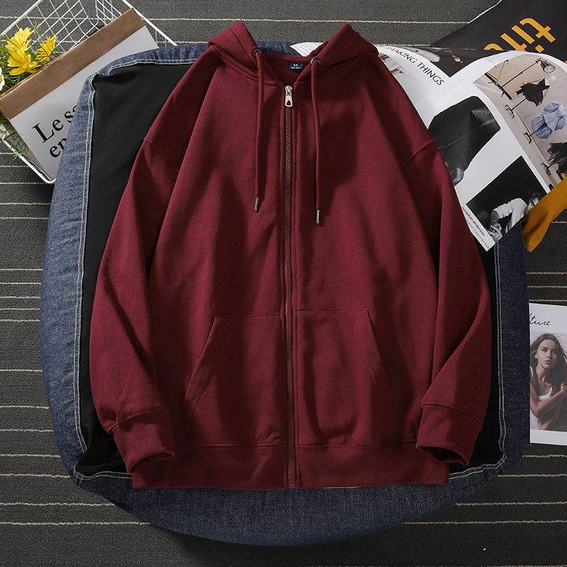 Spring and Autumn Hooded Cardigan Sweatshirt for Men 2026 Retro Trendy American Style Heavyweight Zipper Burgundy Youth Jacket