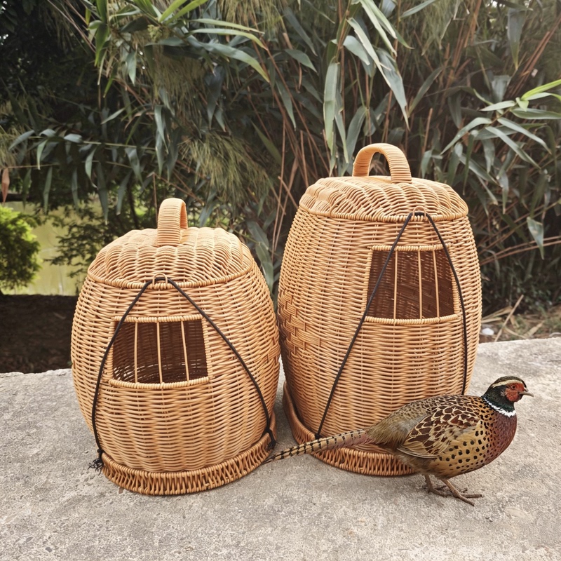 Imitation Rattan Hand-Woven Bird Cage, Outdoor Pheasant Cage with Cover, Colorful Quail Breeding Portable Pet Chicken Cage