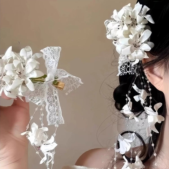 超仙仿真铃兰花流苏发夹女2025新款氛围感拍照侧边夹森系头花发饰