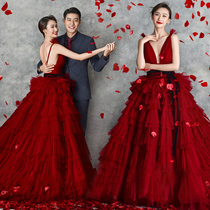  2019 new studio theme clothing wedding photography photo wine red tutu photo halter trailing dress