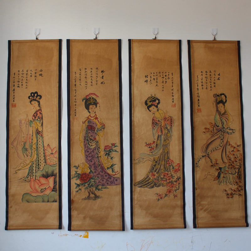 Antique old calligraphy and painting Chinese painting Fresco painting Tang Yin Four beauties Four screens Decorative painting Living room hanging painting has been mounted