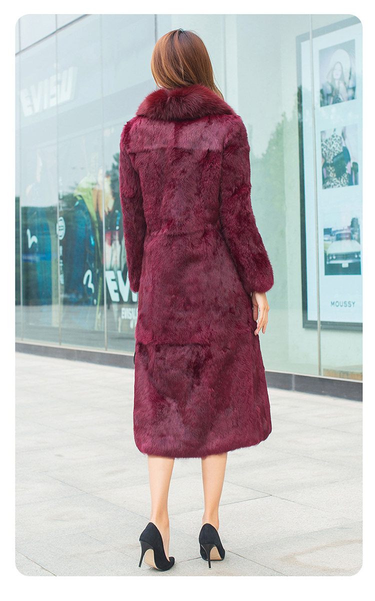Women 100% Real Rabbit Fur Coat Fox Fur Collar Winter Warm Long