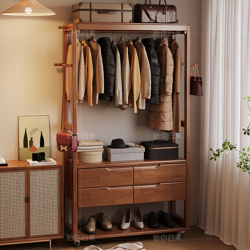 Solid Wood Floor-Standing Coat Rack for Small Apartments, Home Clothes Rack with Drawer Storage, Movable Living Room Storage Rack Solid Wood Floor-Standing Coat Rack for Small Apartments, Home Clothes Rack with Drawer Storage, Movable Living Room Storage Rack