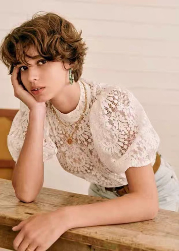Sezane in Stock French-Style Pure Cotton Lace Vintage Fairy-Like Stand-Up Collar Puff Sleeve Back Button Shirt