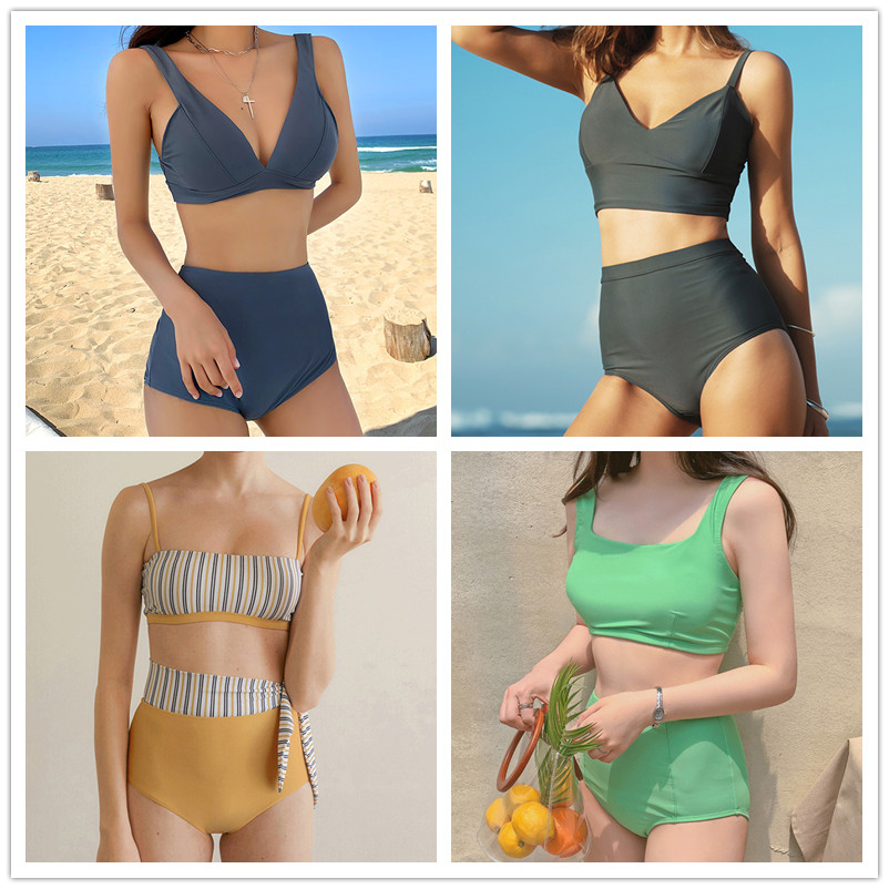 The new Korean swimsuit women's two-piece triangular bikini high waist shaded and casual swimsuit seaside small breasts gather