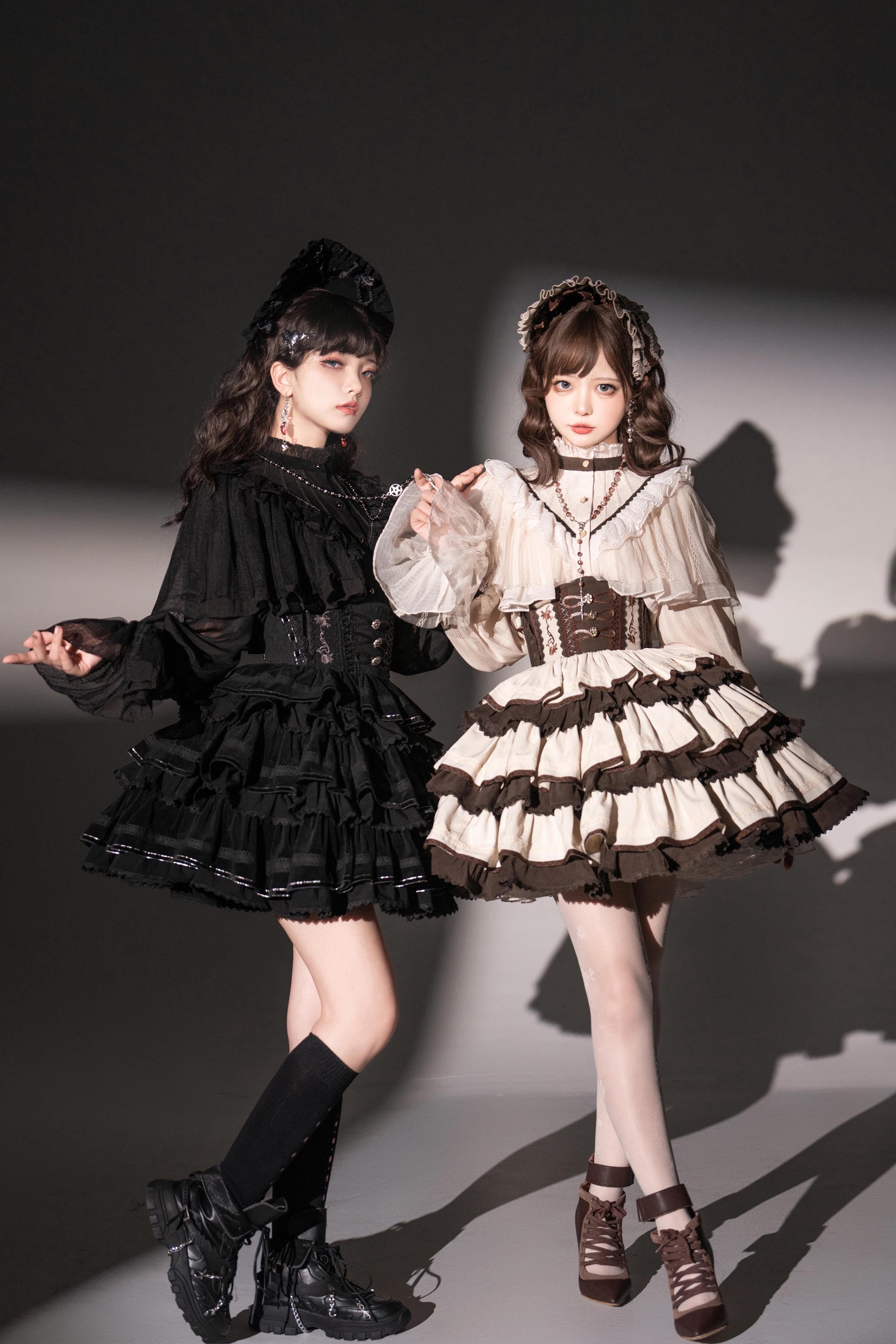 素心SUSIN原创日沉棘LOLITA设计衬衫搭配暗夜黑大地棕长款三段式半裙