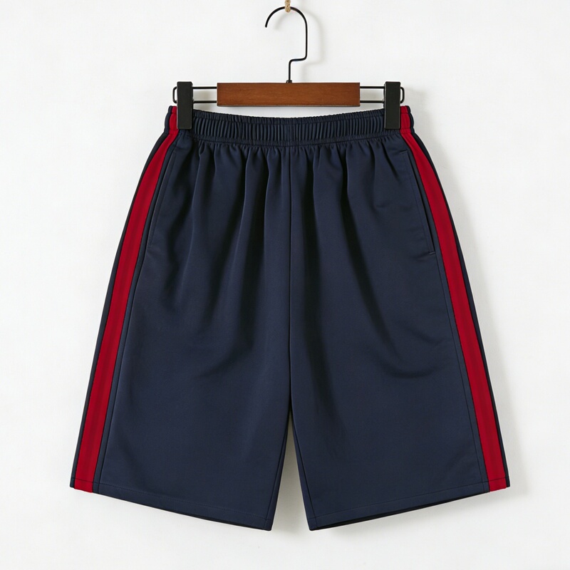 Wide Red Stripe Summer School Uniform Shorts for Students, Unisex, Elementary and Middle School, Navy Blue and Bright Red Stripe Shorts
