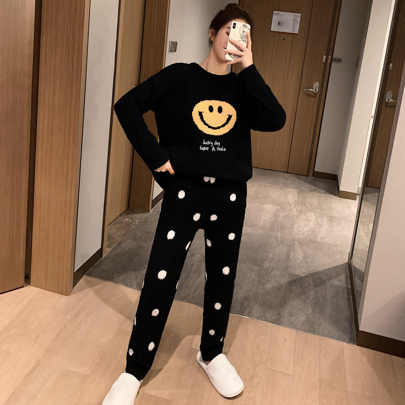 Black smiling face soft pajamas women's winter coral fleece net red cute thickened home service spring and autumn two-piece suit