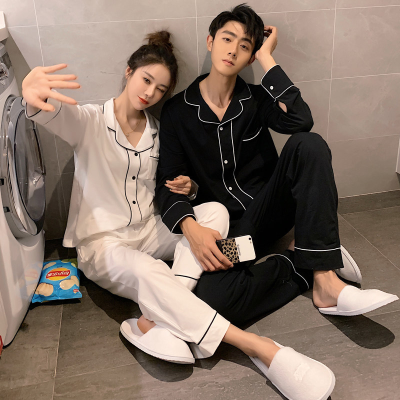 Couple pajamas spring autumn summer cotton ins tide net red long-sleeved cardigan men's loose home clothes winter suit