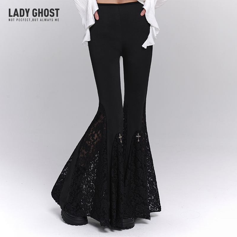 Ghost Girl Dark Gothic Style Women's Clothing Black Cross Bell-Bottom Pants High-Waisted Micro-Flared Subculture Outfit