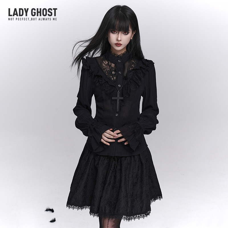 Ghost Girl Black Long-Sleeved Palace-Style Lace Shirt Medieval Gothic Style Top Dark Style Women's Clothing