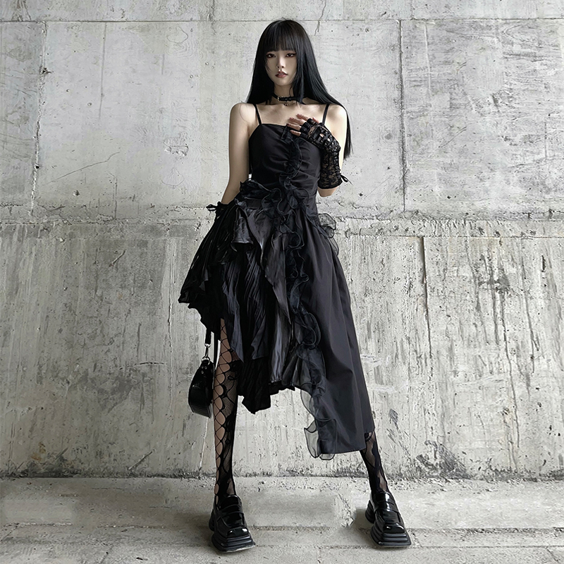 Ghost Girl Black Asymmetrical Suspender Dress Gothic Style Women's Little Black Dress Halloween Outfit