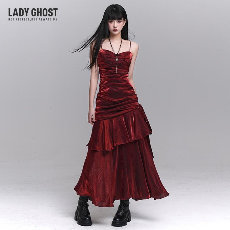 Ghost Girl Unique and Beautiful Dark Red Spaghetti Strap Dress Long Skirt Coming-Of-Age Ceremony Dress Concert Outfit